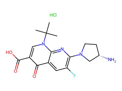 1,8-Naphthyridine-3-carboxylic acid, 1,4-dihydro-7-(3-amino-1-pyrrolidinyl)-1-(1,1-dimethylethyl)-6-fluoro-4-oxo-, monohydrochloride, (S)- structure