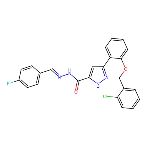 (E)-3-(2-((2-chlorobenzyl)oxy)phenyl)-N'-(4-fluorobenzylidene)-1H-pyrazole-5-carbohydrazide structure