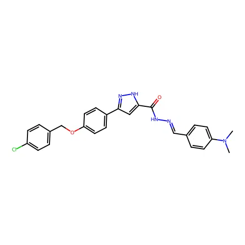 (E)-3-(4-((4-chlorobenzyl)oxy)phenyl)-N'-(4-(dimethylamino)benzylidene)-1H-pyrazole-5-carbohydrazide structure