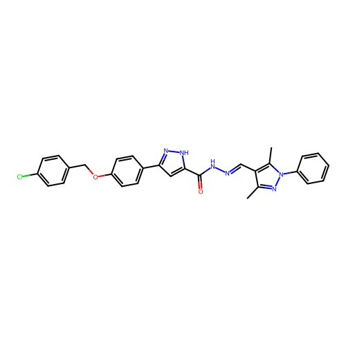 3-{4-[(4-chlorobenzyl)oxy]phenyl}-N'-[(E)-(3,5-dimethyl-1-phenyl-1H-pyrazol-4-yl)methylidene]-1H-pyrazole-5-carbohydrazide structure