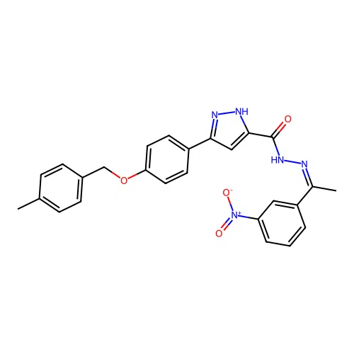 (Z)-5-(4-((4-Methylbenzyl)oxy)phenyl)-N'-(1-(3-nitrophenyl)ethylidene)-1H-pyrazole-3-carbohydrazide structure