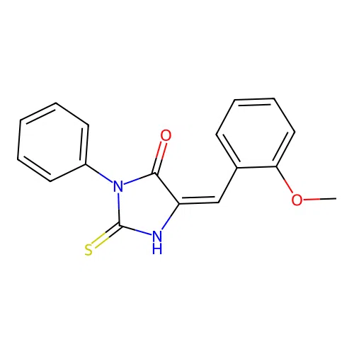 (5E)-5-[(2-methoxyphenyl)methylidene]-3-phenyl-2-sulfanylideneimidazolidin-4-one structure
