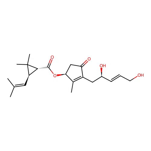 ((1S)-3-((E,2R)-2,5-dihydroxypent-3-enyl)-2-methyl-4-oxo-1-cyclopent-2-enyl) (1R,3S)-2,2-dimethyl-3-(2-methylprop-1-enyl)cyclopropane-1-carboxylate structure