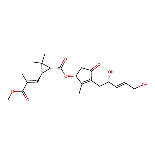 Methyl (E)-3-((1S,3R)-3-(((1S)-3-((E,2S)-2,5-dihydroxypent-3-enyl)-2-methyl-4-oxo-1-cyclopent-2-enyl]oxycarbonyl)-2,2-dimethyl-cyclopropyl)-2-methylprop-2-enoate structure
