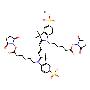 potassium;1-[6-(2,5-dioxopyrrolidin-1-yl)oxy-6-oxohexyl]-2-[3-[1-[6-(2,5-dioxopyrrolidin-1-yl)oxy-6-oxohexyl]-3,3-dimethyl-5-sulfonatoindol-1-ium-2-yl]prop-2-enylidene]-3,3-dimethylindole-5-sulfonate structure