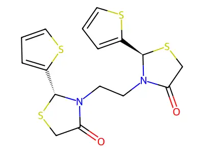 3,3'-(Ethane-1,2-diyl)bis(2-(thiophen-2-yl)-1,3-thiazolidin-4-one) structure
