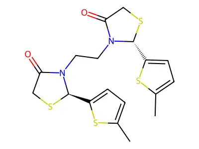 3,3'-(Ethane-1,2-diyl)bis(2-(5-methylthiophen-2-yl)-1,3-thiazolidin-4-one) structure