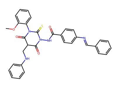 Benzamide, 4-((phenylmethylene)amino)-N-(tetrahydro-3-(2-methoxyphenyl)-4,6-dioxo-5-((phenylamino)methyl)-2-thioxo-1(2H)-pyrimidinyl)- structure