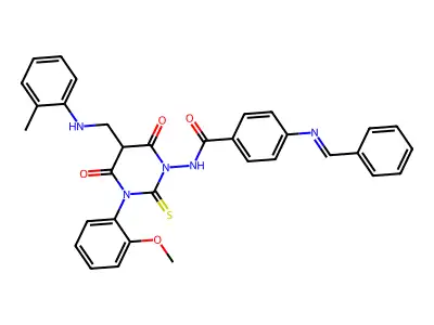 Benzamide, 4-((phenylmethylene)amino)-N-(tetrahydro-3-(2-methoxyphenyl)-5-(((2-methylphenyl)amino)methyl)-4,6-dioxo-2-thioxo-1(2H)-pyrimidinyl)- structure