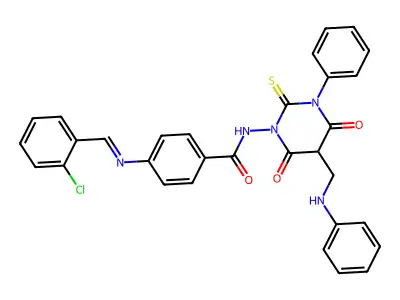 Benzamide, 4-(((2-chlorophenyl)methylene)amino)-N-(tetrahydro-4,6-dioxo-3-phenyl-5-((phenylamino)methyl)-2-thioxo-1(2H)-pyrimidinyl)- structure