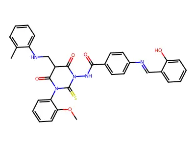 Benzamide, 4-(((2-hydroxyphenyl)methylene)amino)-N-(tetrahydro-3-(2-methoxyphenyl)-5-(((2-methylphenyl)amino)methyl)-4,6-dioxo-2-thioxo-1(2H)-pyrimidinyl)- structure