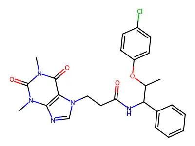 7H-Purine-7-propanamide, 1,2,3,6-tetrahydro-N-(2-(4-chlorophenoxy)-1-phenylpropyl)-1,3-dimethyl-2,6-dioxo- structure