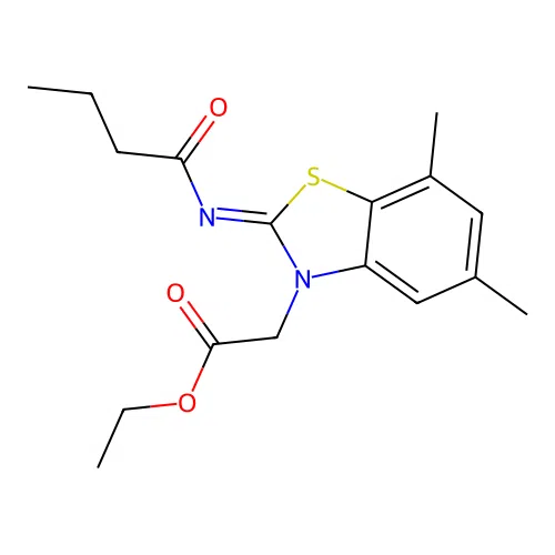 Ethyl 2-(2-butanoylimino-5,7-dimethyl-1,3-benzothiazol-3-yl)acetate structure