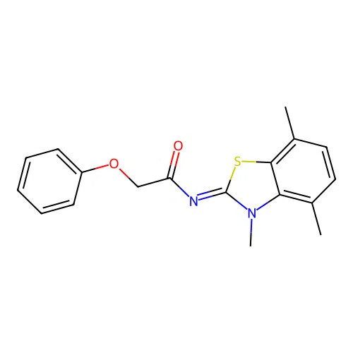 2-phenoxy-N-(3,4,7-trimethyl-1,3-benzothiazol-2-ylidene)acetamide structure
