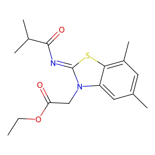 (Z)-ethyl 2-(2-(isobutyrylimino)-5,7-dimethylbenzo[d]thiazol-3(2H)-yl)acetate structure