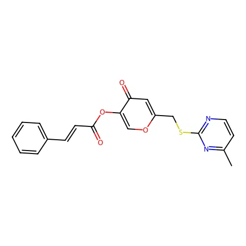 6-(((4-methylpyrimidin-2-yl)thio)methyl)-4-oxo-4H-pyran-3-yl cinnamate structure