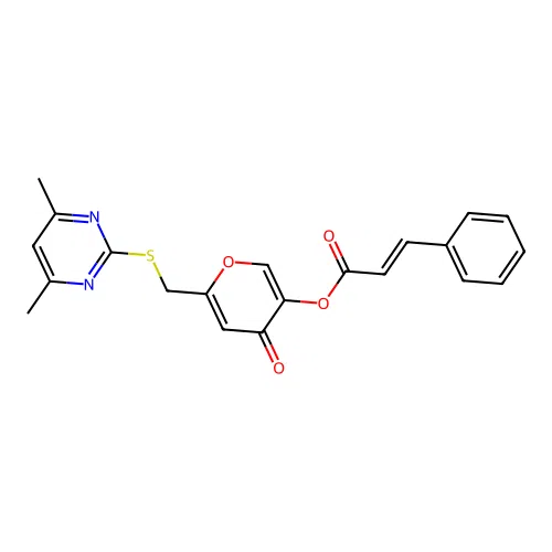 6-(((4,6-dimethylpyrimidin-2-yl)thio)methyl)-4-oxo-4H-pyran-3-yl cinnamate structure