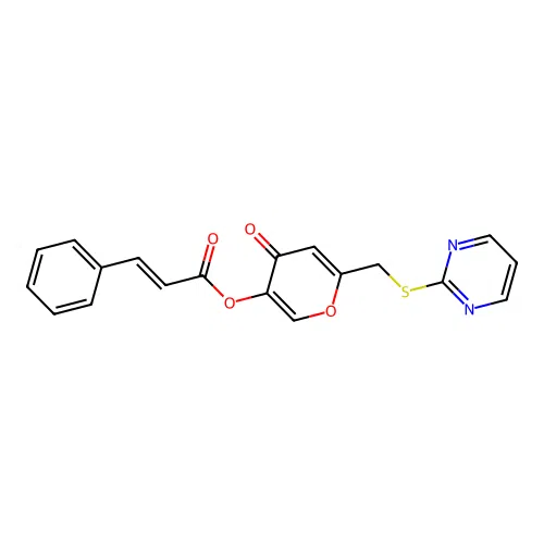 4-oxo-6-((pyrimidin-2-ylthio)methyl)-4H-pyran-3-yl cinnamate structure
