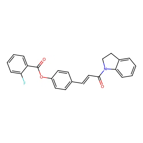 (E)-4-(3-(indolin-1-yl)-3-oxoprop-1-en-1-yl)phenyl 2-fluorobenzoate structure