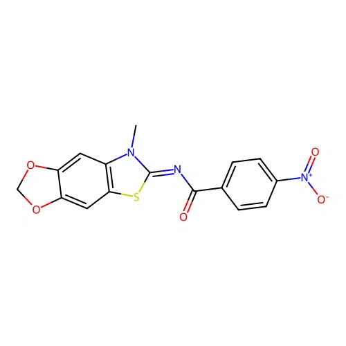 N-(7-methyl-[1,3]dioxolo[4,5-f][1,3]benzothiazol-6-ylidene)-4-nitrobenzamide structure