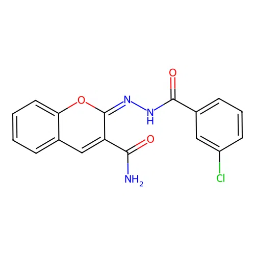 (2E)-2-[(3-chlorobenzoyl)hydrazinylidene]chromene-3-carboxamide structure