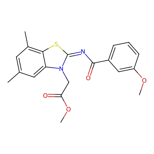 Methyl 2-[2-(3-methoxybenzoyl)imino-5,7-dimethyl-1,3-benzothiazol-3-yl]acetate structure