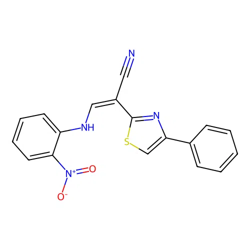 (Z)-3-((2-nitrophenyl)amino)-2-(4-phenylthiazol-2-yl)acrylonitrile structure