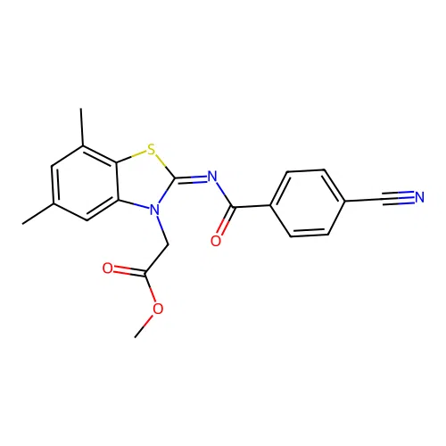 Methyl 2-[2-(4-cyanobenzoyl)imino-5,7-dimethyl-1,3-benzothiazol-3-yl]acetate structure