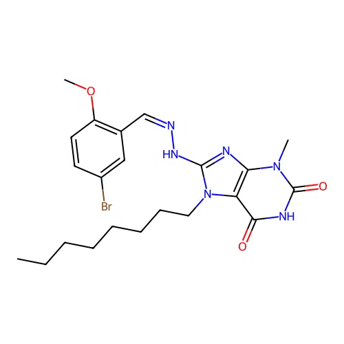 8-[(2Z)-2-[(5-bromo-2-methoxyphenyl)methylidene]hydrazinyl]-3-methyl-7-octylpurine-2,6-dione structure