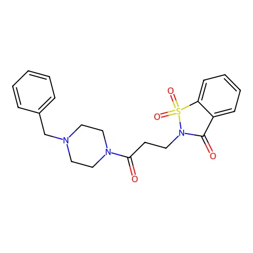 2-[3-(4-benzylpiperazin-1-yl)-3-oxopropyl]-1,2-benzothiazol-3(2H)-one 1,1-dioxide structure