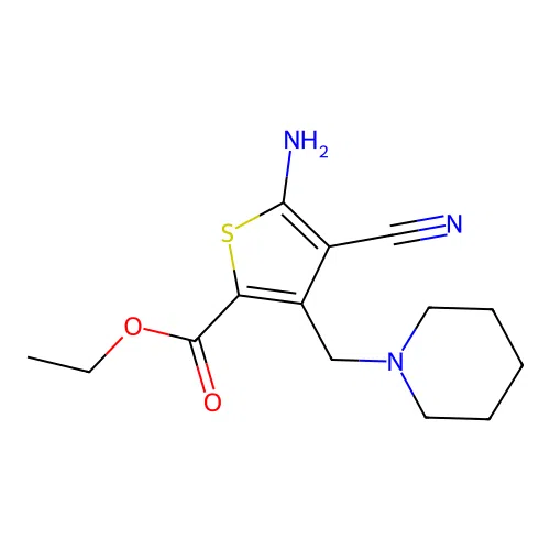 Ethyl 5-amino-4-cyano-3-(1-piperidinylmethyl)-2-thiophenecarboxylate structure