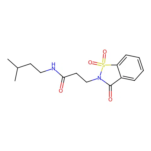 3-(1,1-dioxido-3-oxo-1,2-benzothiazol-2(3H)-yl)-N-(3-methylbutyl)propanamide structure
