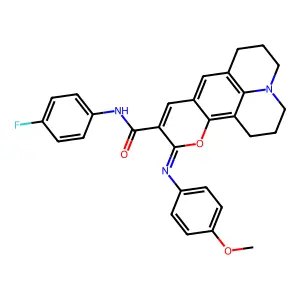 (11Z)-N-(4-fluorophenyl)-11-[(4-methoxyphenyl)imino]-2,3,6,7-tetrahydro-1H,5H,11H-pyrano[2,3-f]pyrido[3,2,1-ij]quinoline-10-carboxamide structure