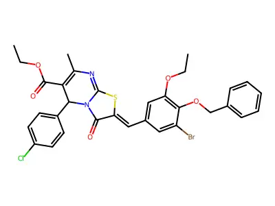 (Z)-ethyl 2-(4-(benzyloxy)-3-bromo-5-ethoxybenzylidene)-5-(4-chlorophenyl)-7-methyl-3-oxo-3,5-dihydro-2H-thiazolo[3,2-a]pyrimidine-6-carboxylate structure