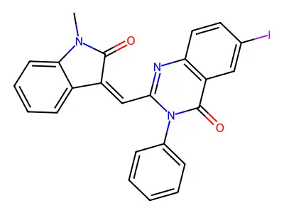 6-iodo-2-[(Z)-(1-methyl-2-oxoindol-3-ylidene)methyl]-3-phenylquinazolin-4-one structure