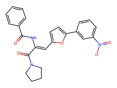 N-[(Z)-1-[5-(3-nitrophenyl)furan-2-yl]-3-oxo-3-pyrrolidin-1-ylprop-1-en-2-yl]benzamide structure