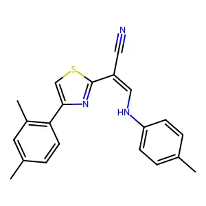 (E)-2-(4-(2,4-dimethylphenyl)thiazol-2-yl)-3-(p-tolylamino)acrylonitrile structure