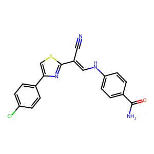 (E)-4-((2-(4-(4-chlorophenyl)thiazol-2-yl)-2-cyanovinyl)amino)benzamide structure