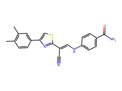 (E)-4-((2-cyano-2-(4-(3,4-dimethylphenyl)thiazol-2-yl)vinyl)amino)benzamide structure