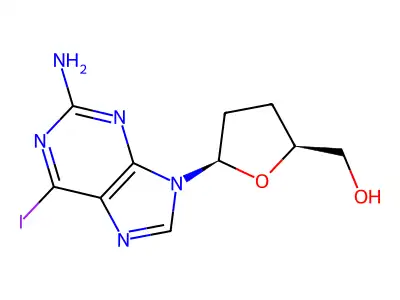 2-Amino-6-iodo-9-(2,3-dideoxy-beta-D-glycero-pentofuranosyl)-9H-purine structure
