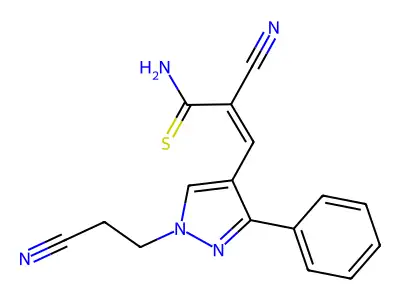 (E)-2-cyano-3-[1-(2-cyanoethyl)-3-phenylpyrazol-4-yl]prop-2-enethioamide structure