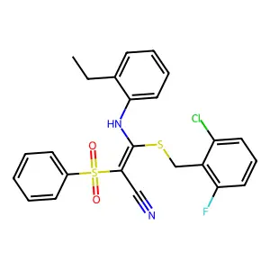 (E)-3-((2-chloro-6-fluorobenzyl)thio)-3-((2-ethylphenyl)amino)-2-(phenylsulfonyl)acrylonitrile structure
