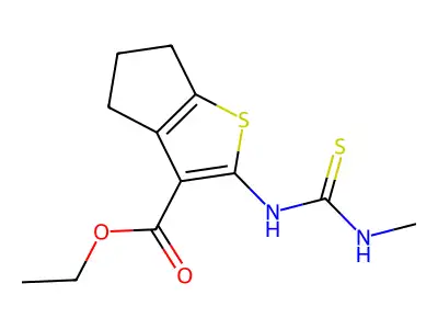 4H-Cyclopenta(b)thiophene-3-carboxylic acid, 5,6-dihydro-2-(((methylamino)thioxomethyl)amino)-, ethyl ester structure