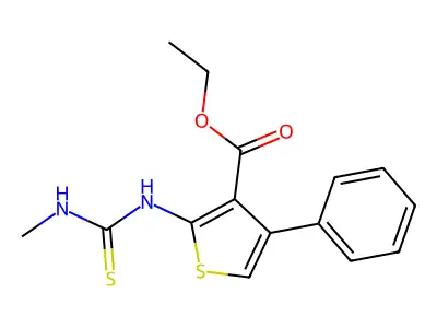 Thiophene-3-carboxylic acid, 2-(((methylamino)thioxomethyl)amino)-4-phenyl-, ethyl ester structure