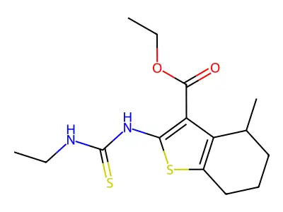 Benzo(b)thiophene-3-carboxylic acid, 4,5,6,7-tetrahydro-2-(((ethylamino)thioxomethyl)amino)-,4-methyl-, ethyl ester structure