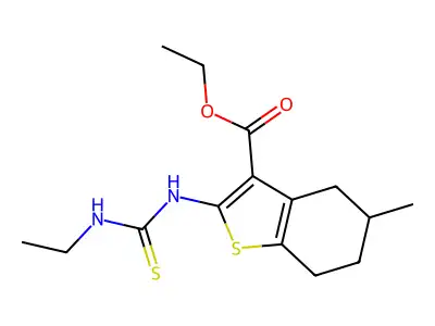 Benzo(b)thiophene-3-carboxylic acid, 4,5,6,7-tetrahydro-2-(((ethylamino)thioxomethyl)amino)-5-methyl-, ethyl ester structure