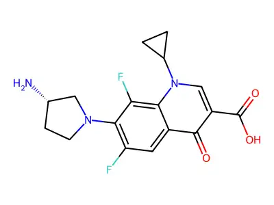 7-[(3S)-3-aminopyrrolidin-1-yl]-1-cyclopropyl-6,8-difluoro-4-oxoquinoline-3-carboxylic acid structure