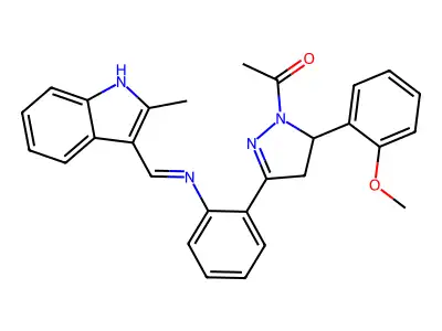 1H-Pyrazole, 1-acetyl-4,5-dihydro-5-(2-methoxyphenyl)-3-(2-(((2-methyl-1H-indol-3-yl)methylene)amino)phenyl)- structure