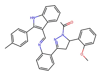 1H-Pyrazole, 1-acetyl-4,5-dihydro-5-(2-methoxyphenyl)-3-(2-(((2-(4-methylphenyl)-1H-indol-3-yl)methylene)amino)phenyl)- structure