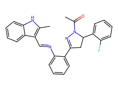 1H-Pyrazole, 1-acetyl-4,5-dihydro-5-(2-fluorophenyl)-3-(2-(((2-methyl-1H-indol-3-yl)methylene)amino)phenyl)- structure